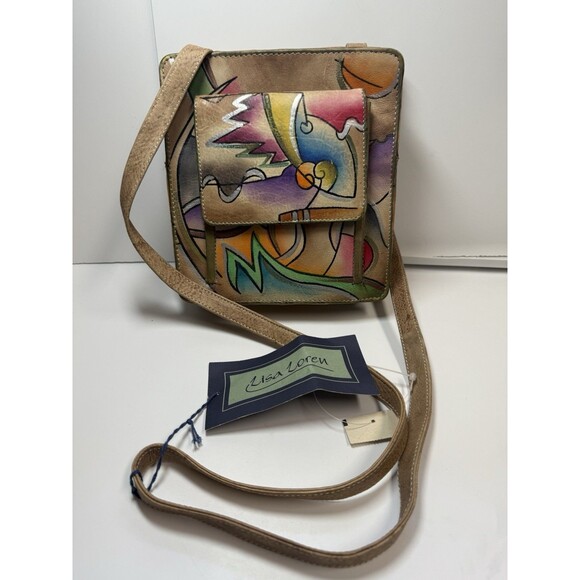 Lisa Loren Hand Painted Abstract Art Leather Crossbody Bag New Rare - Picture 1 of 9
